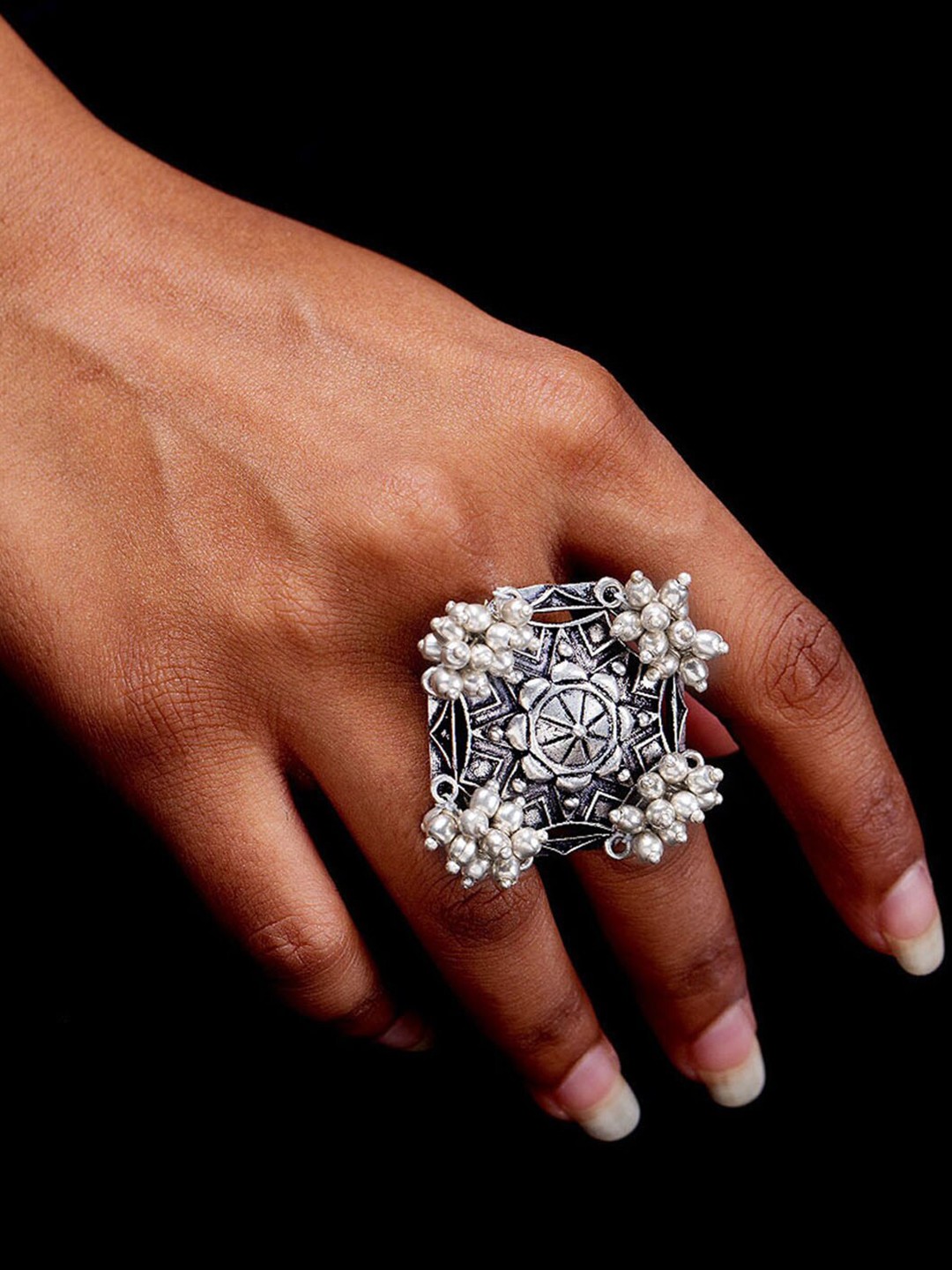 

Voylla Women Silver-Plated Adjustable Leela Oxidized Kawach Finger Ring