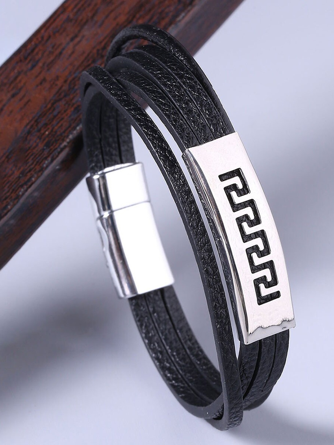 

Dare by Voylla Men Silver-Toned & Black Leather Rhodium-Plated Cuff Bracelet