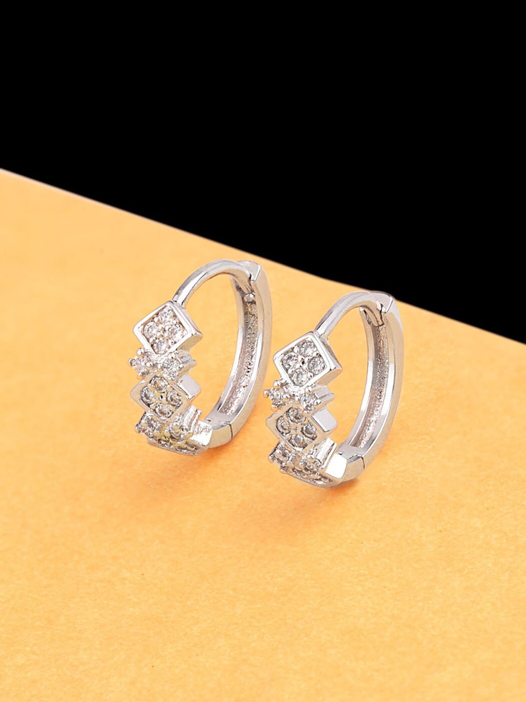 

Voylla Women Silver-Toned CZ Gems Contemporary Hoop Earrings