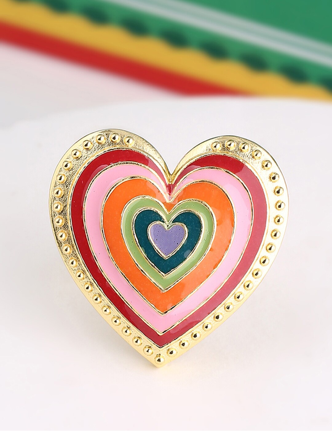 

Voylla Gold-Plated Pink & Orange Coloured Heart Shaped Ring