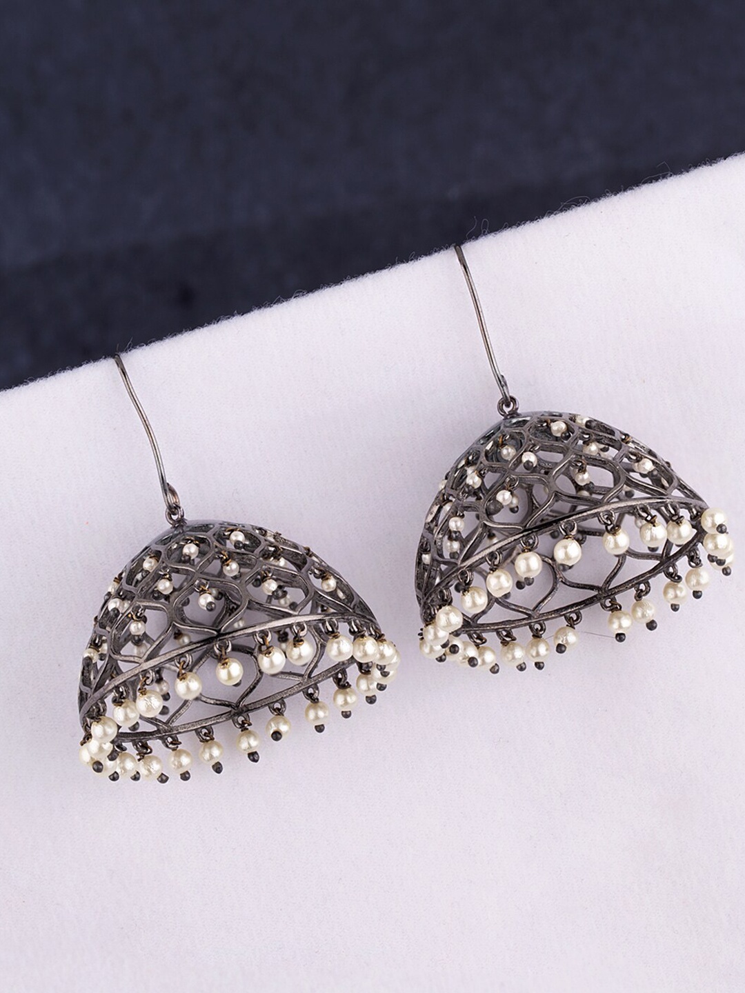 

Voylla Women Black Rhodium Plated Dome Shaped Faux Pearls Jhumka Earrings