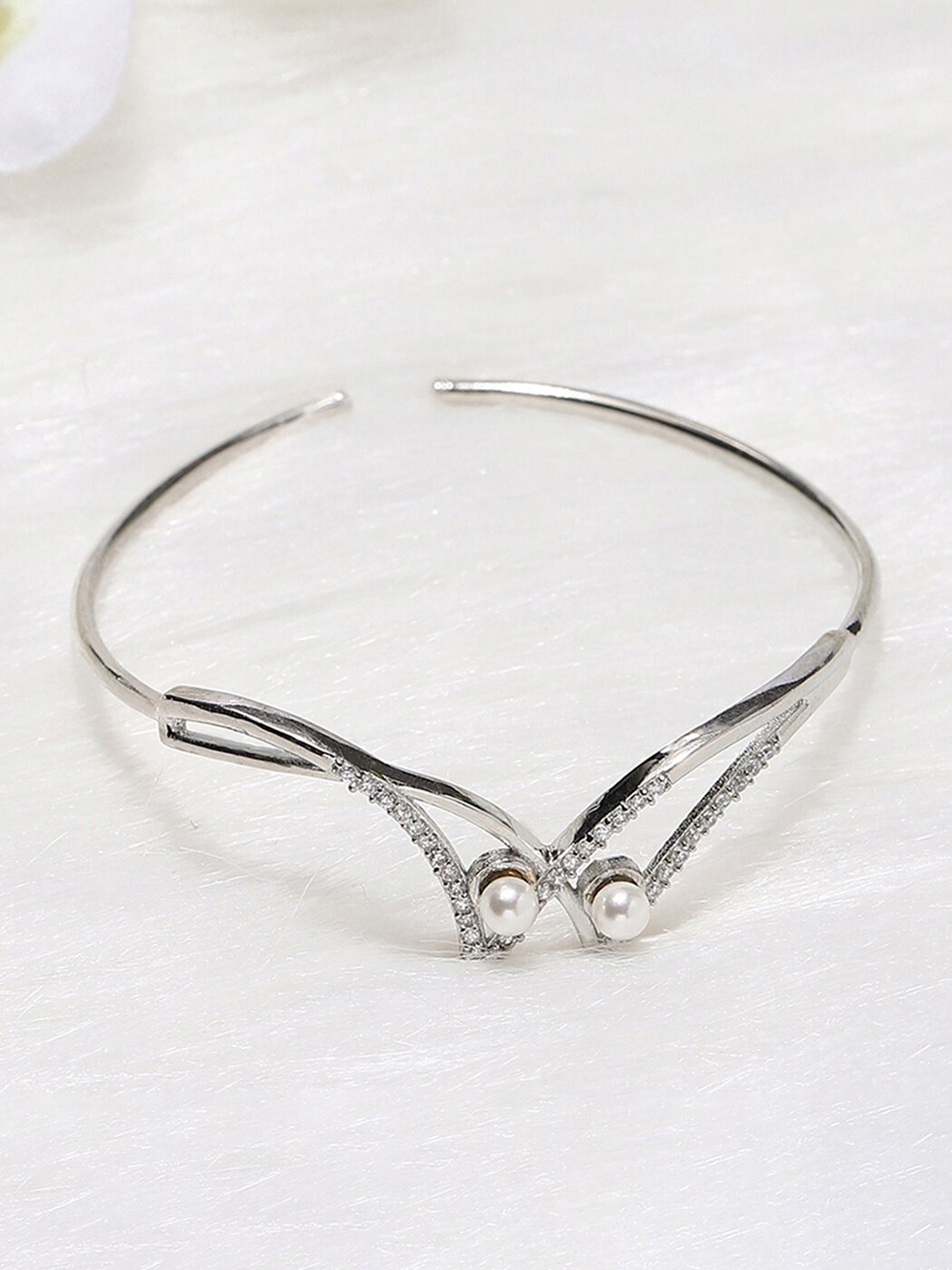 

Voylla Women Silver-Toned & White Brass Rhodium-Plated Cuff Bracelet
