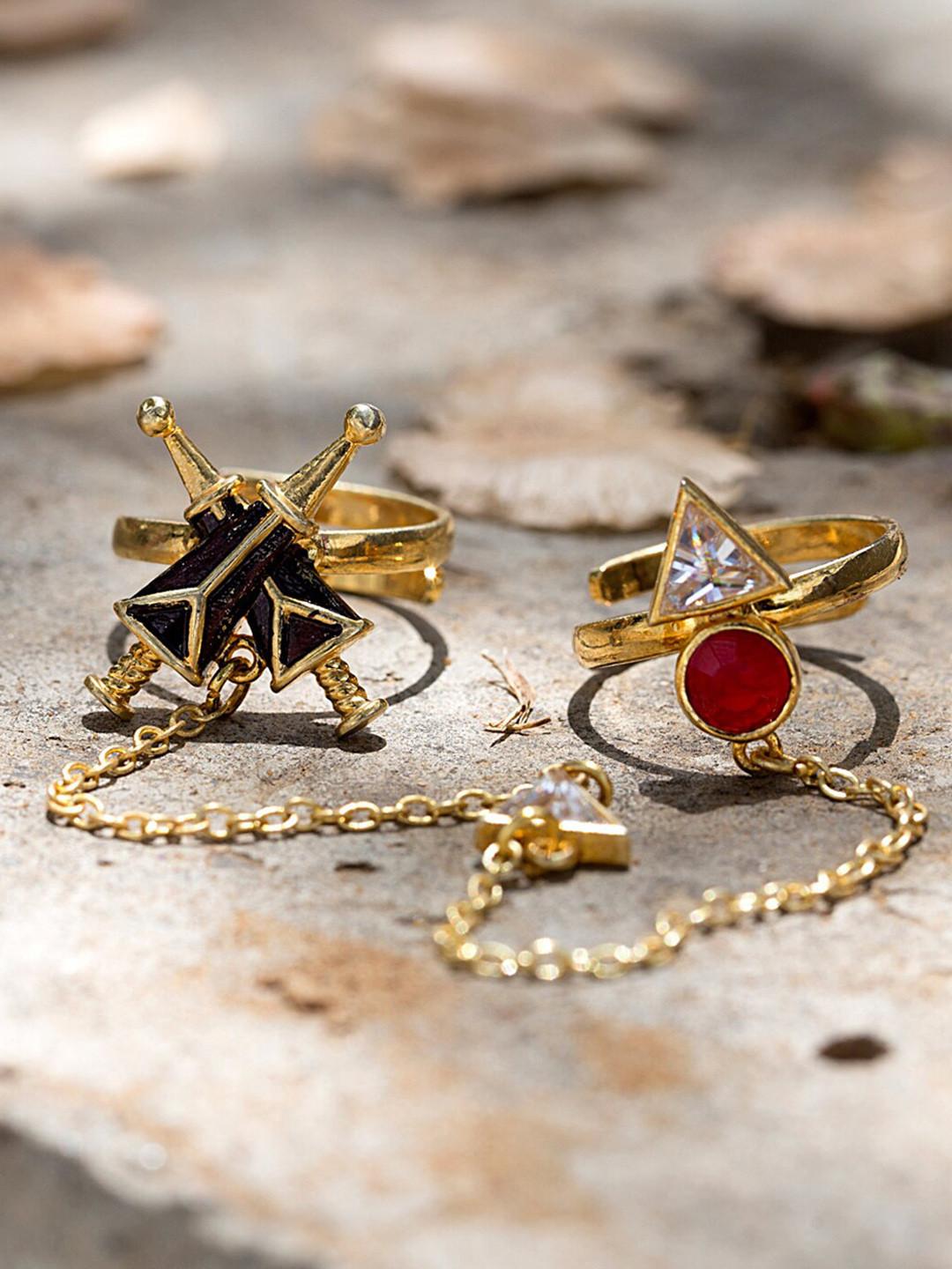 

Voylla Women Gold-Plated Red & White Stone Studded Dual Ring