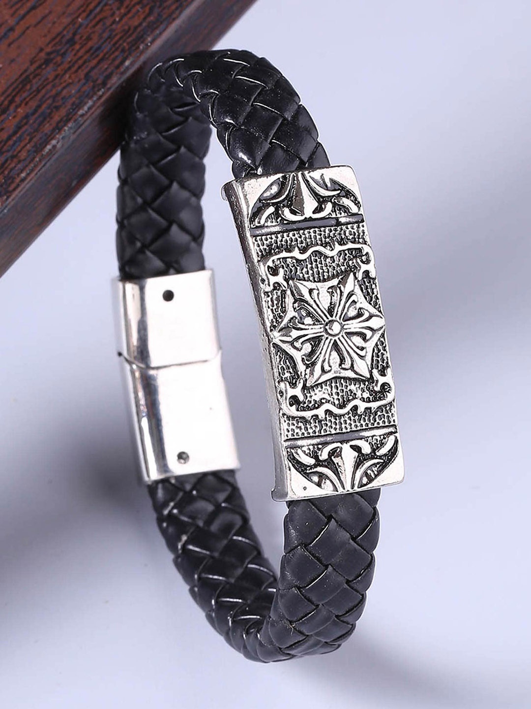 

Dare by Voylla Men Black & Silver Tribal Braided Band Bracelet