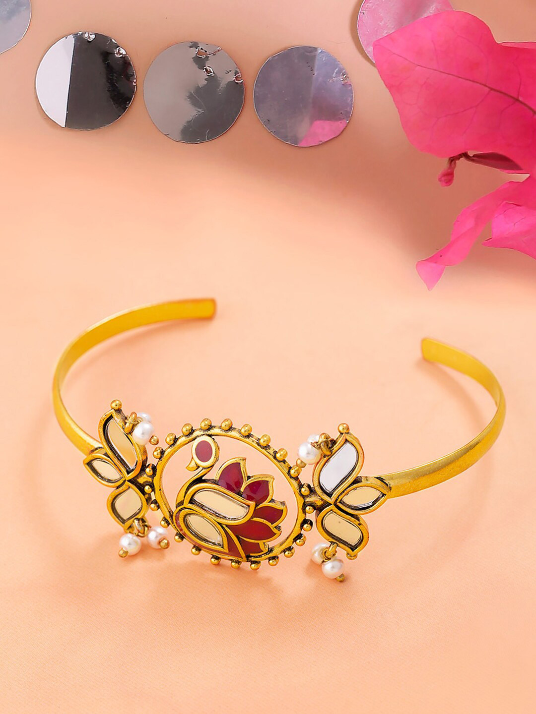 

Voylla Women Gold-Toned & Red Brass Pearls Gold-Plated Cuff Bracelet