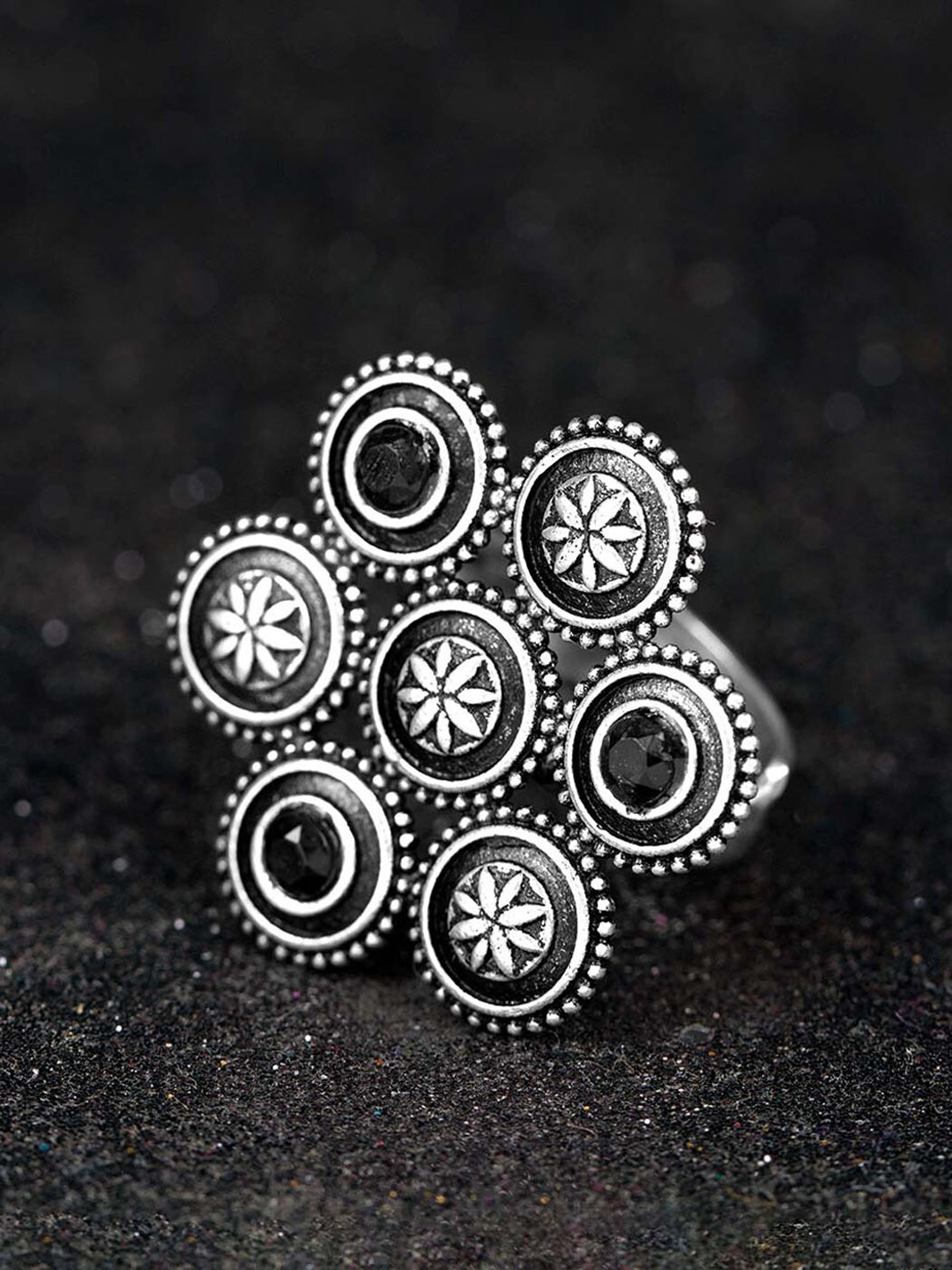 

Voylla Silver-Plated Black Stone Studded Ring