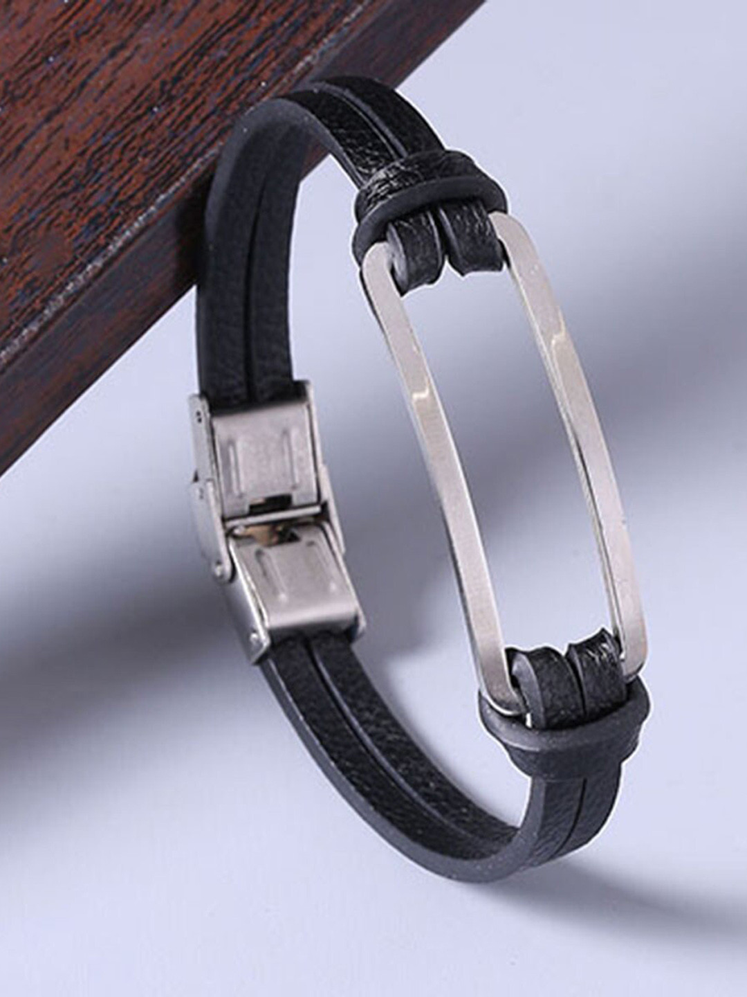 

Dare by Voylla Men Silver-Toned & Black Leather Silver-Plated Wraparound Bracelet