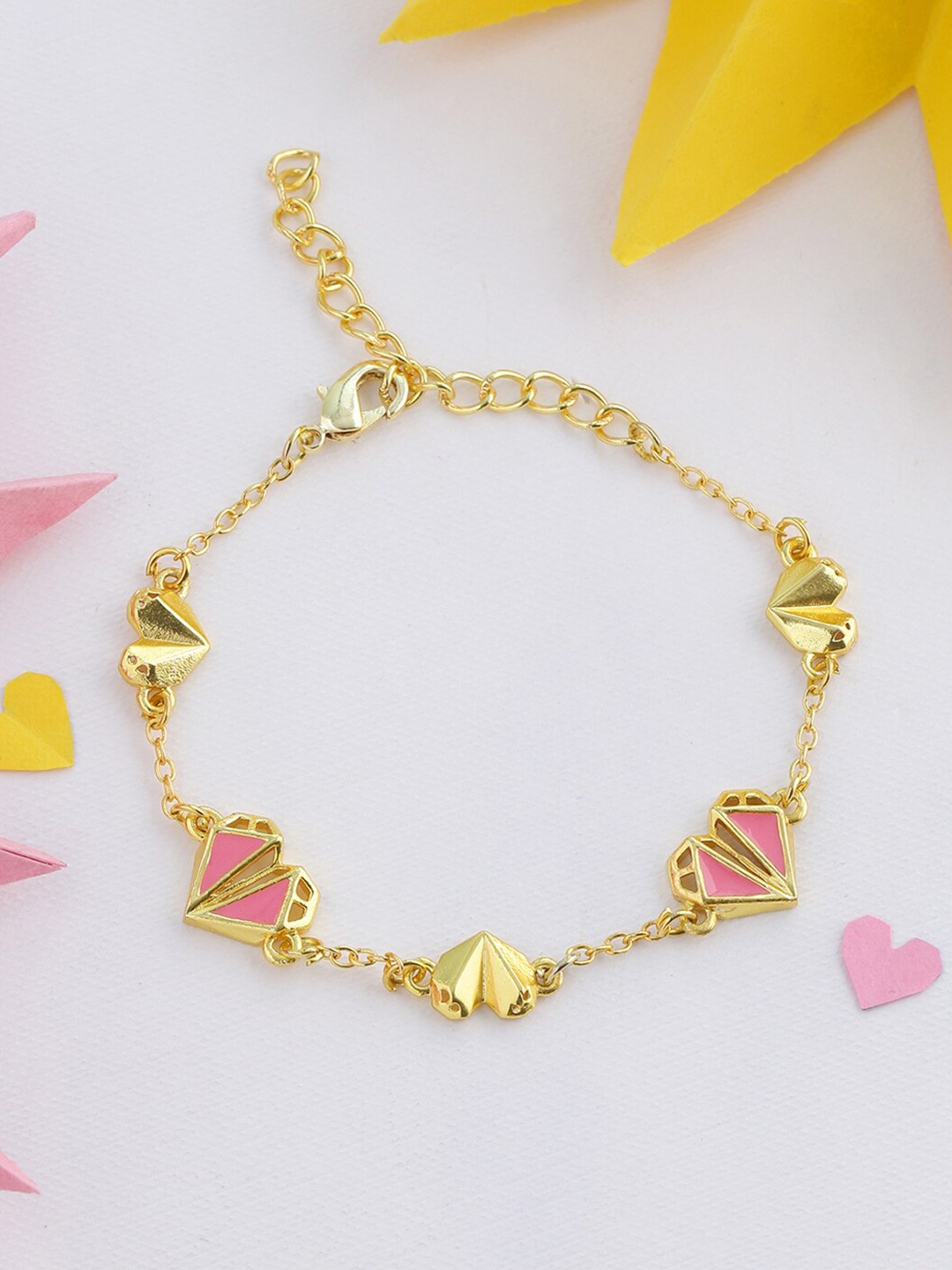 

Voylla Women Gold-Toned & Pink Brass Gold-Plated Geometric Hearts Bracelet