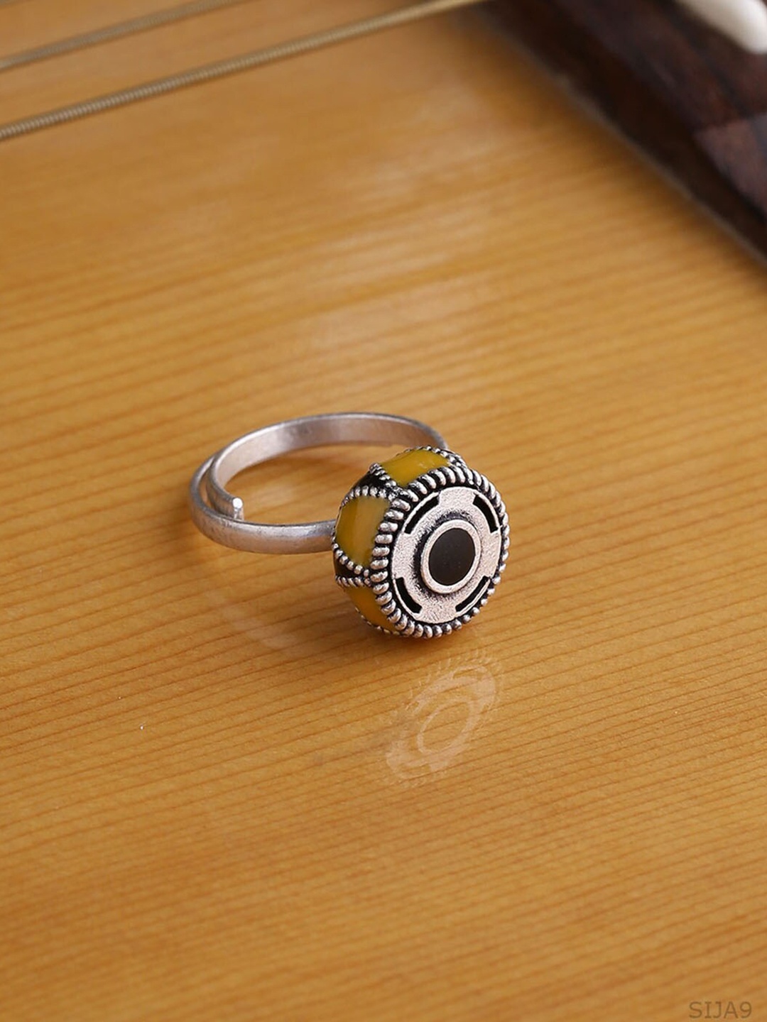 

Voylla Oxidised Silver-Plated Mustard Yellow Adjustable Finger Rings