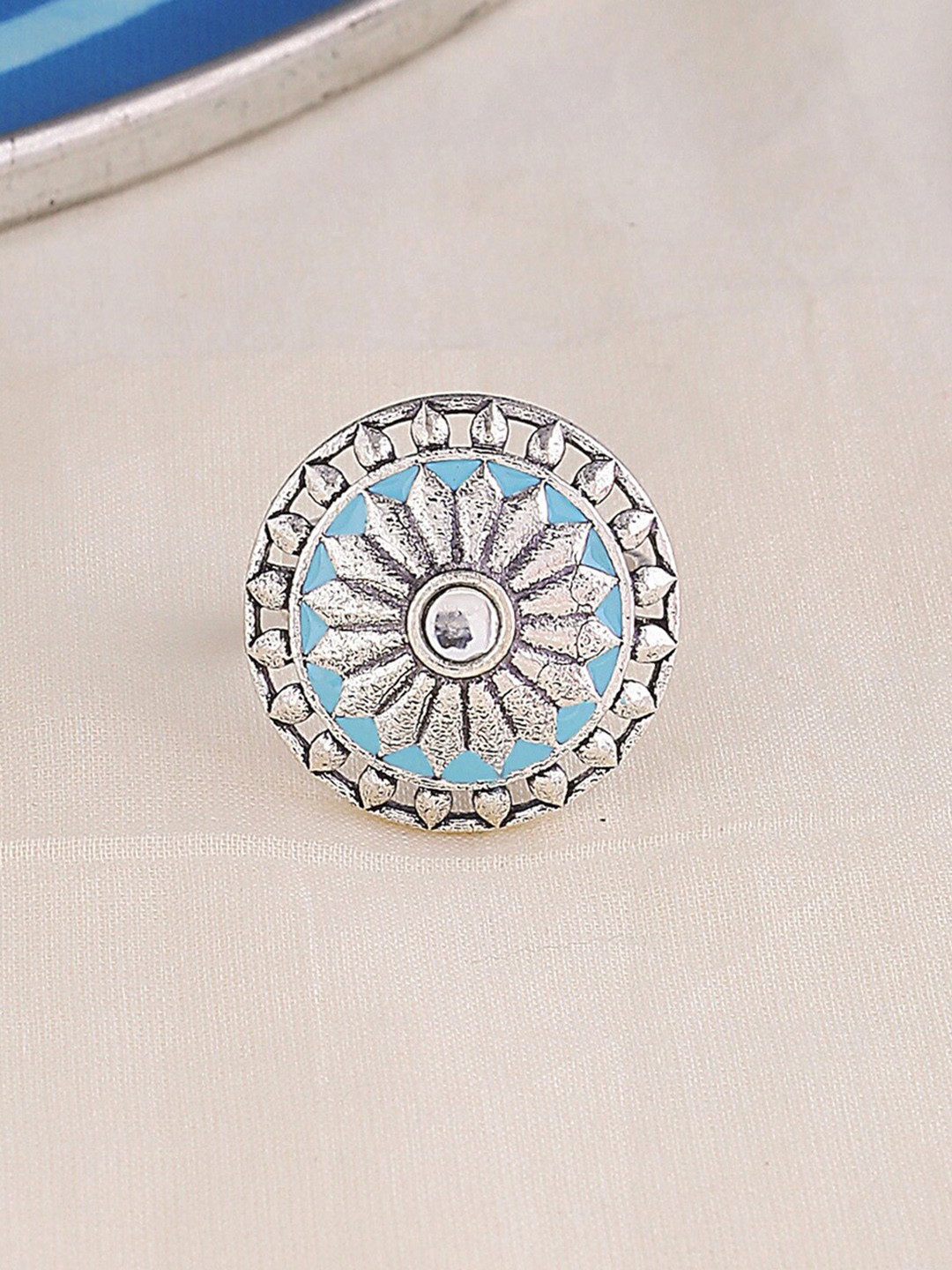 

Dare by Voylla Silver-Plated Blue Gwalior Floral Motif Large Statement Ring