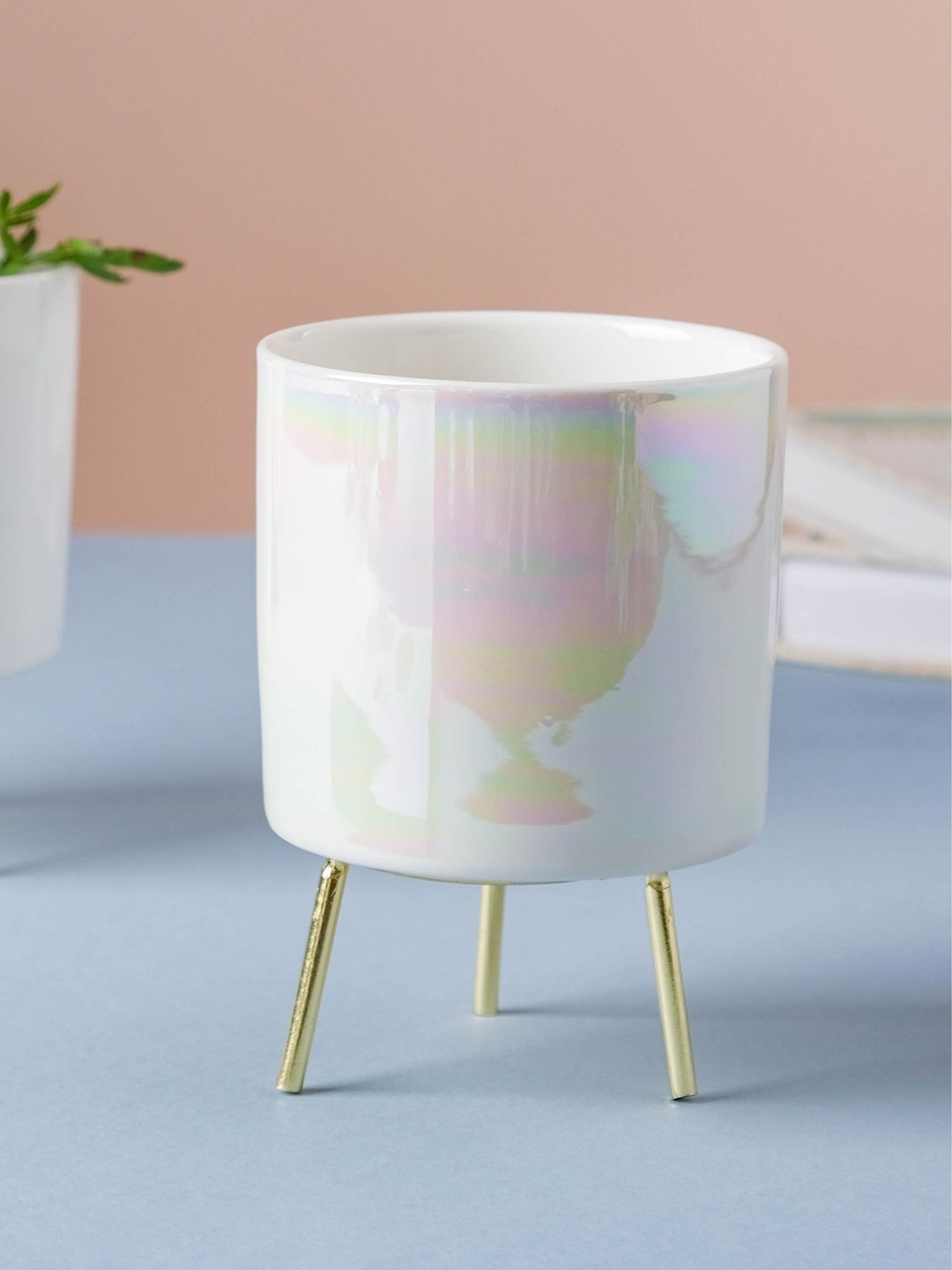 

Nestasia White & Gold-Toned Table Pottery Planter With Stand