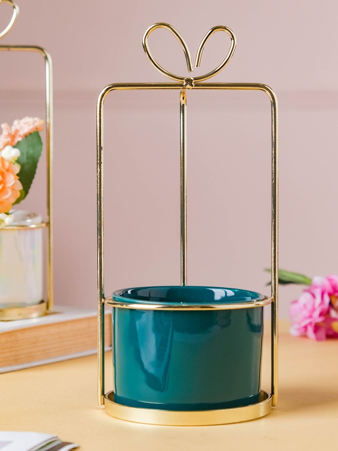 

Nestasia Teal & Gold Solid Ceramic Planter with Stand, Green