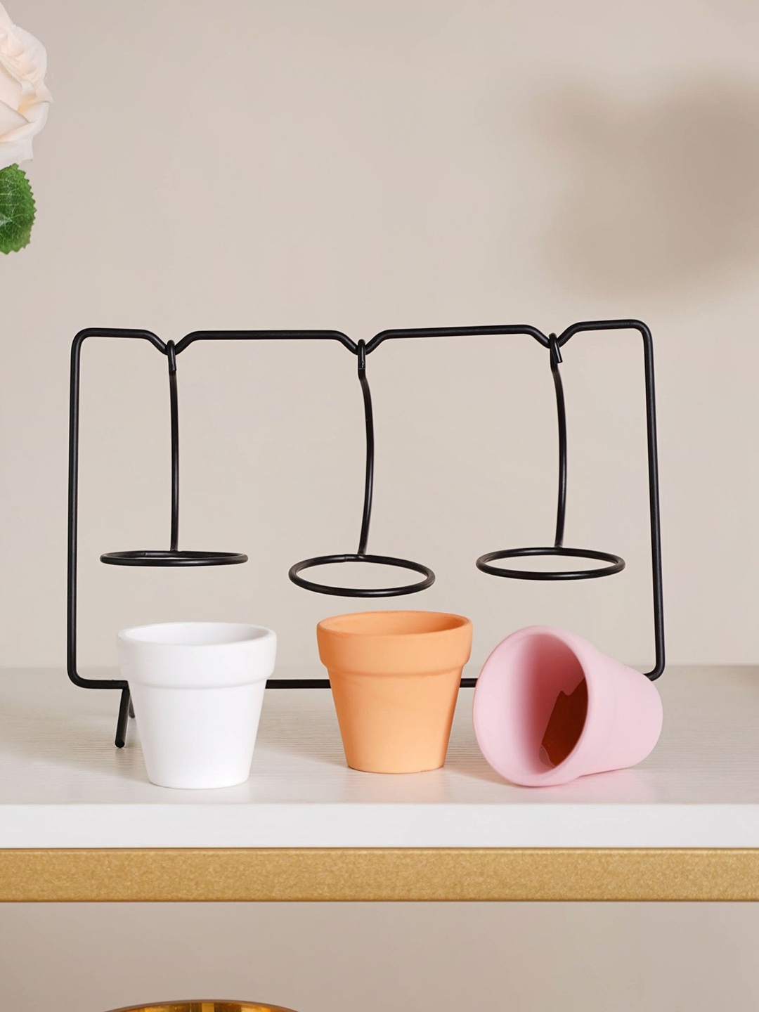 

Nestasia Set Of 3 Pink & White Solid Ceramic Planters With Stand, Multi