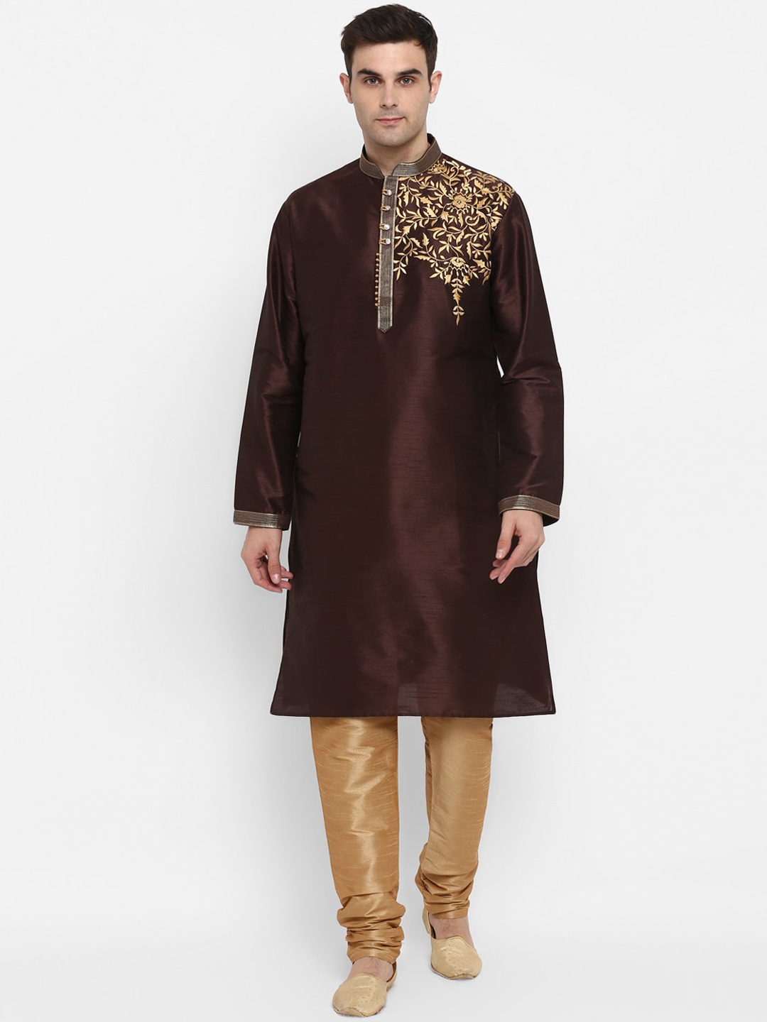 

ROYAL KURTA Men Brown Floral Embroidered Dupion Silk Kurta with Churidar
