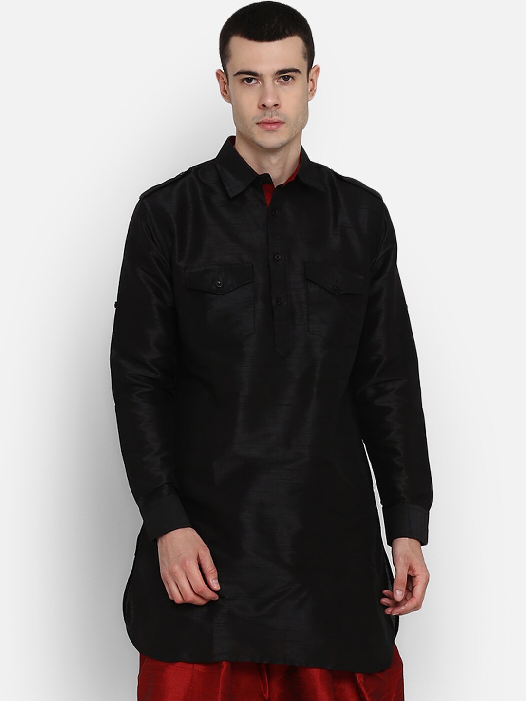 

ROYAL KURTA Men Black Pleated Dupion Silk Kurta with Patiala & With Dupatta