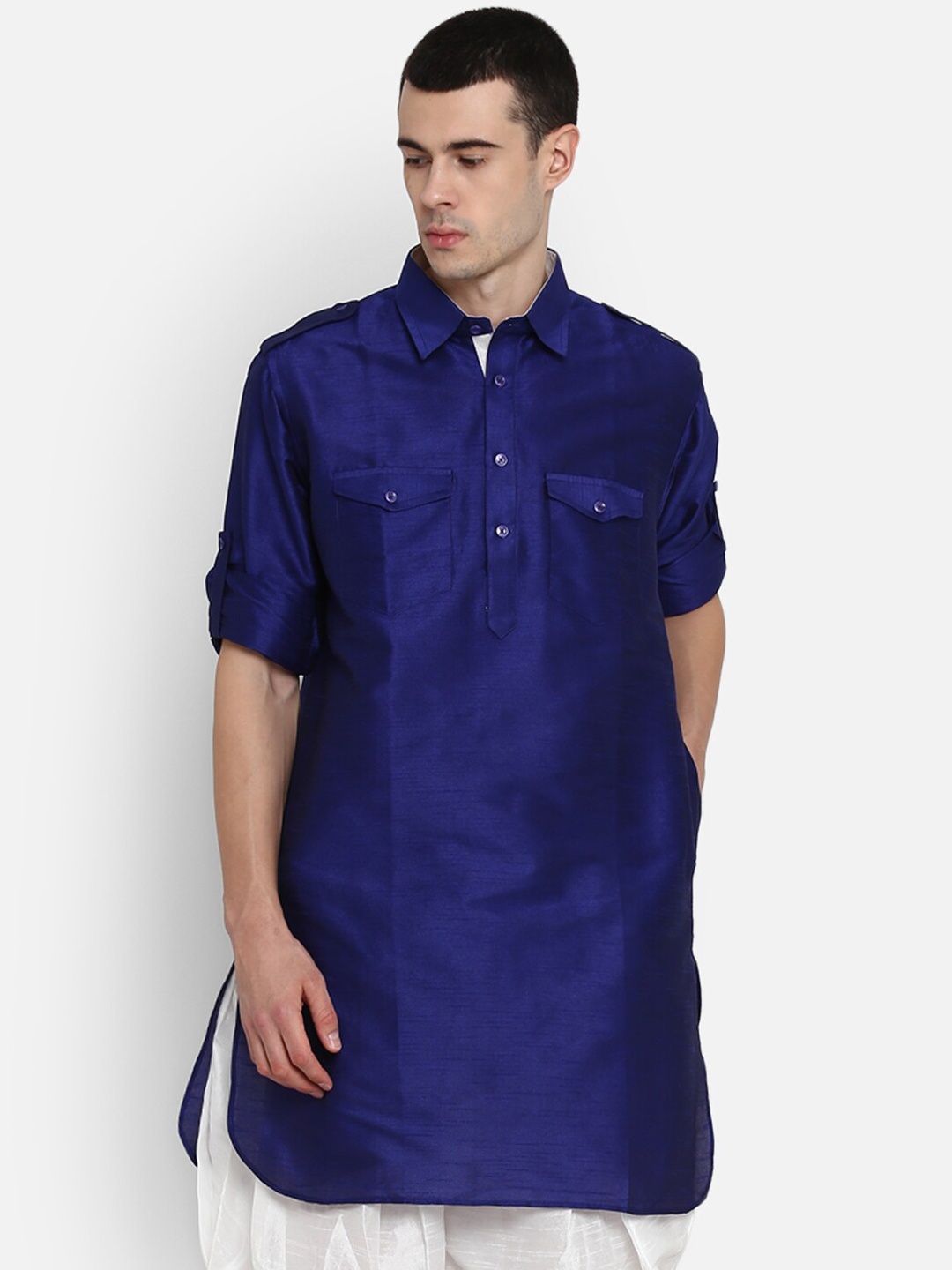 

ROYAL KURTA Men Blue Dupion Silk Blend Pathani Kurti with Patiala