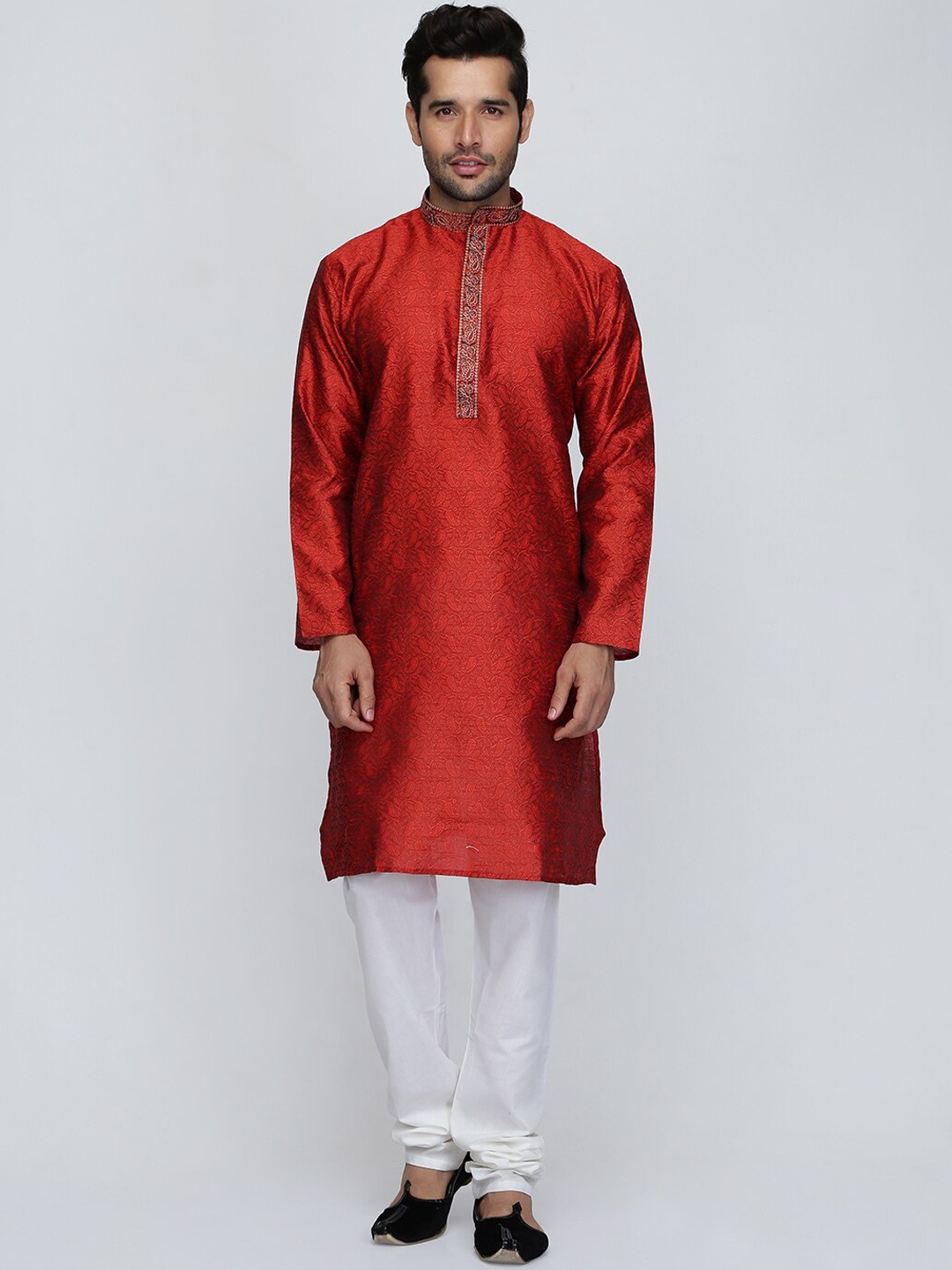 

ROYAL KURTA Men Maroon Aari Work Dupion Silk Kurti with Churidar