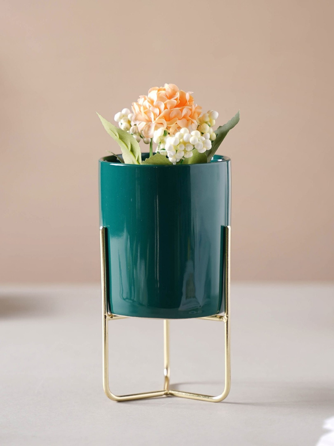 

Nestasia Green & Gold-Toned Solid Ceramic Planter With Holder