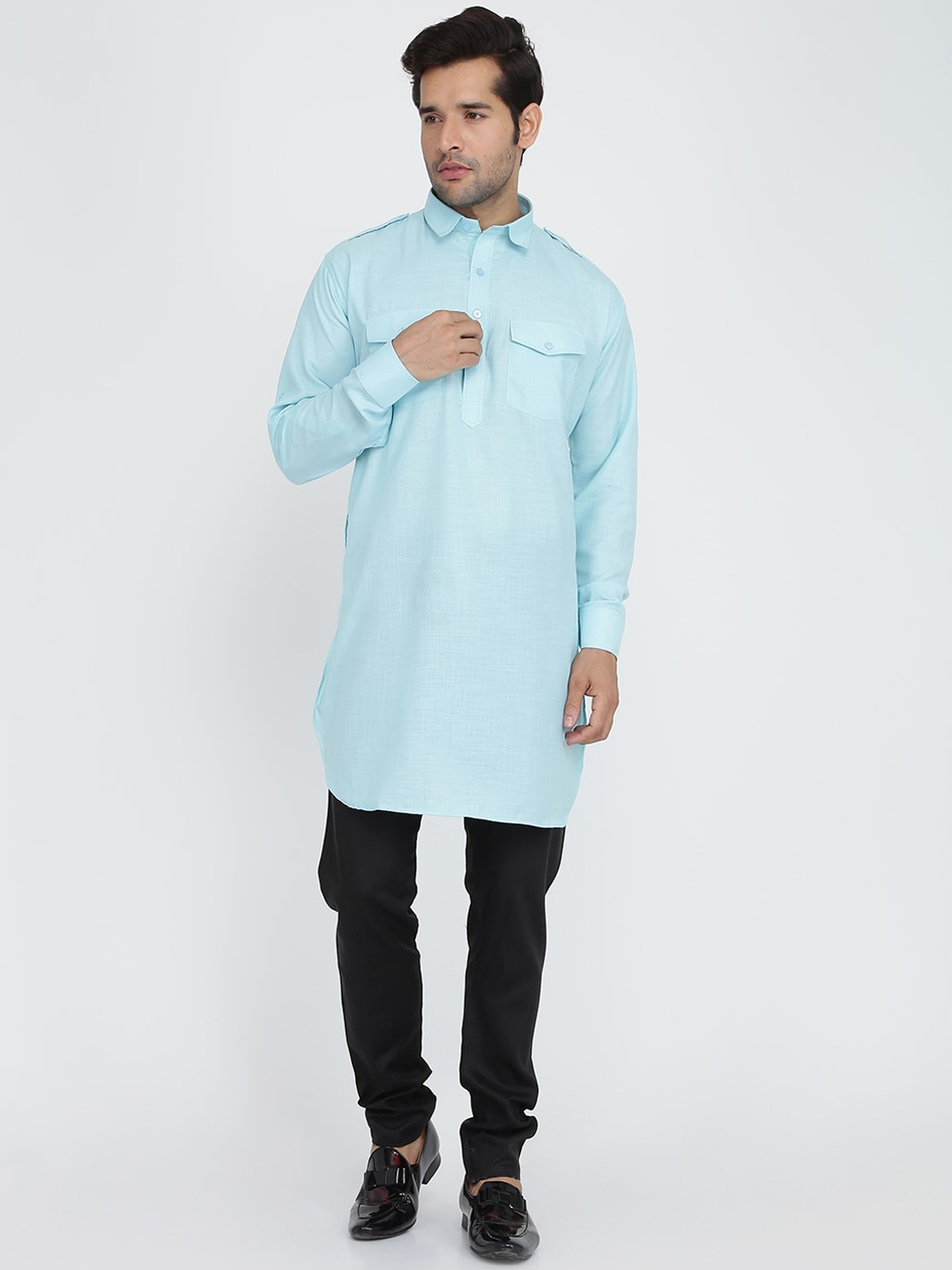 

ROYAL KURTA Men Blue Solid Pure Cotton Kurta with Pyjamas