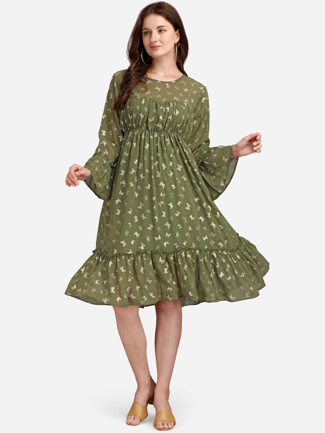 

GUFRINA Olive Green Georgette A-Line Dress