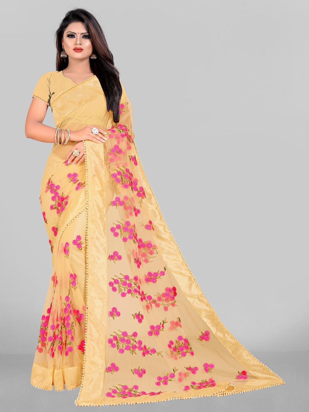 

JSItaliya Gold-Toned & Pink Embellished Embroidered Net Saree