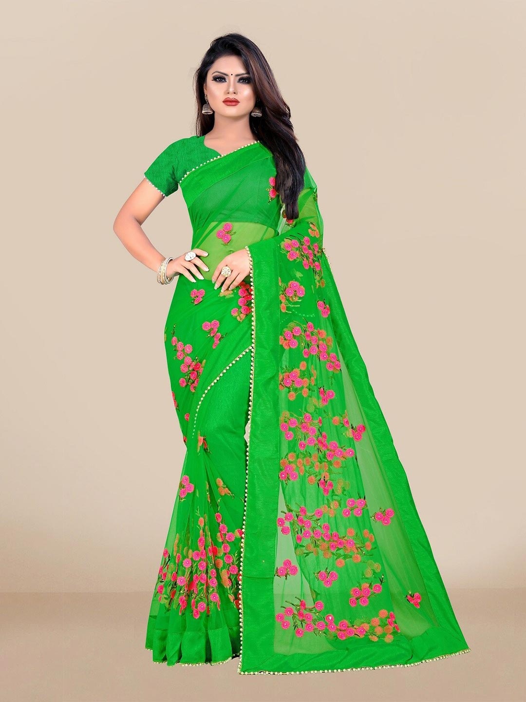 

JSItaliya Green & Pink Floral Embroidered Net Saree