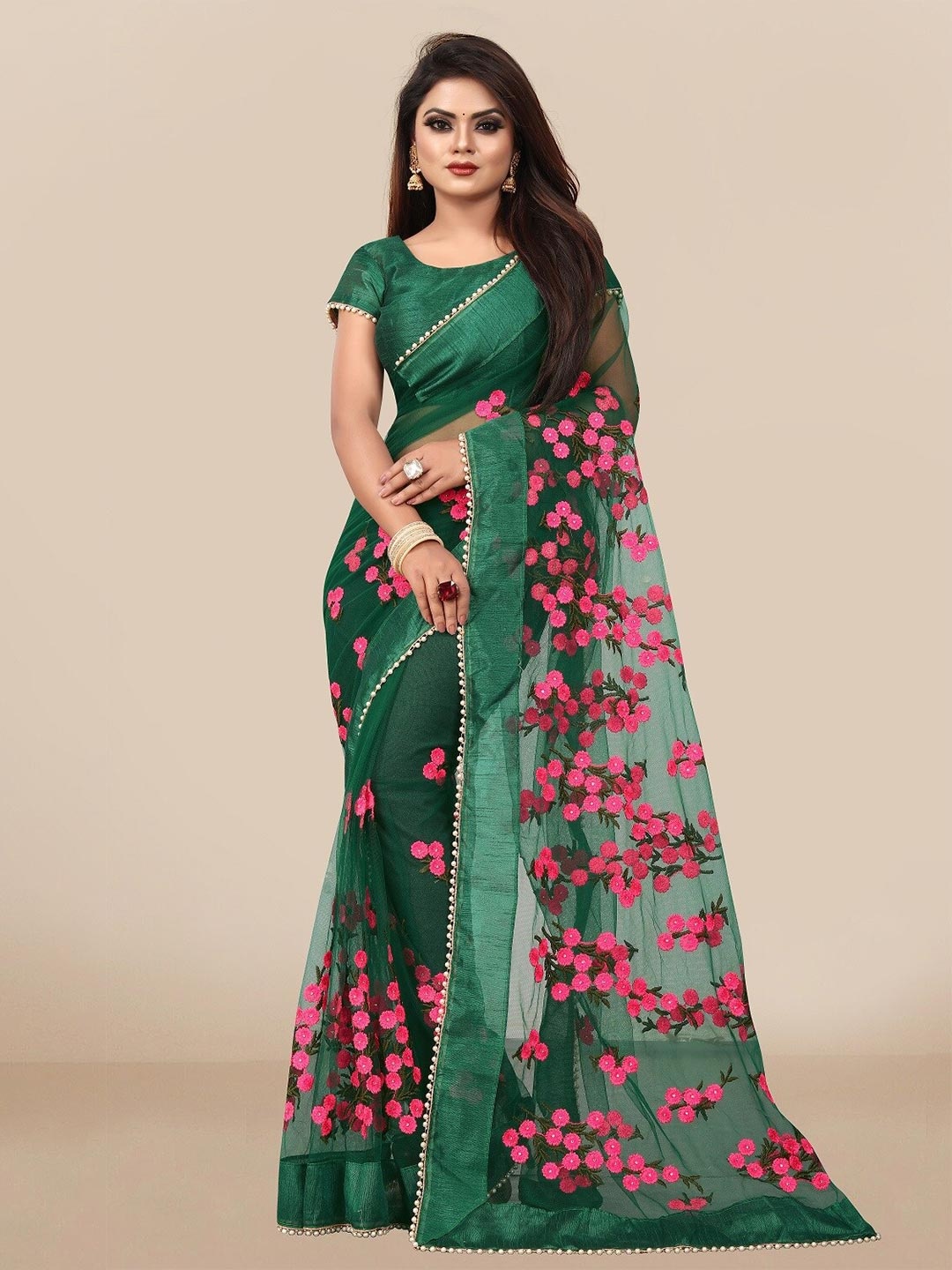 

JSItaliya Green & Pink Floral Embroidered Net Saree