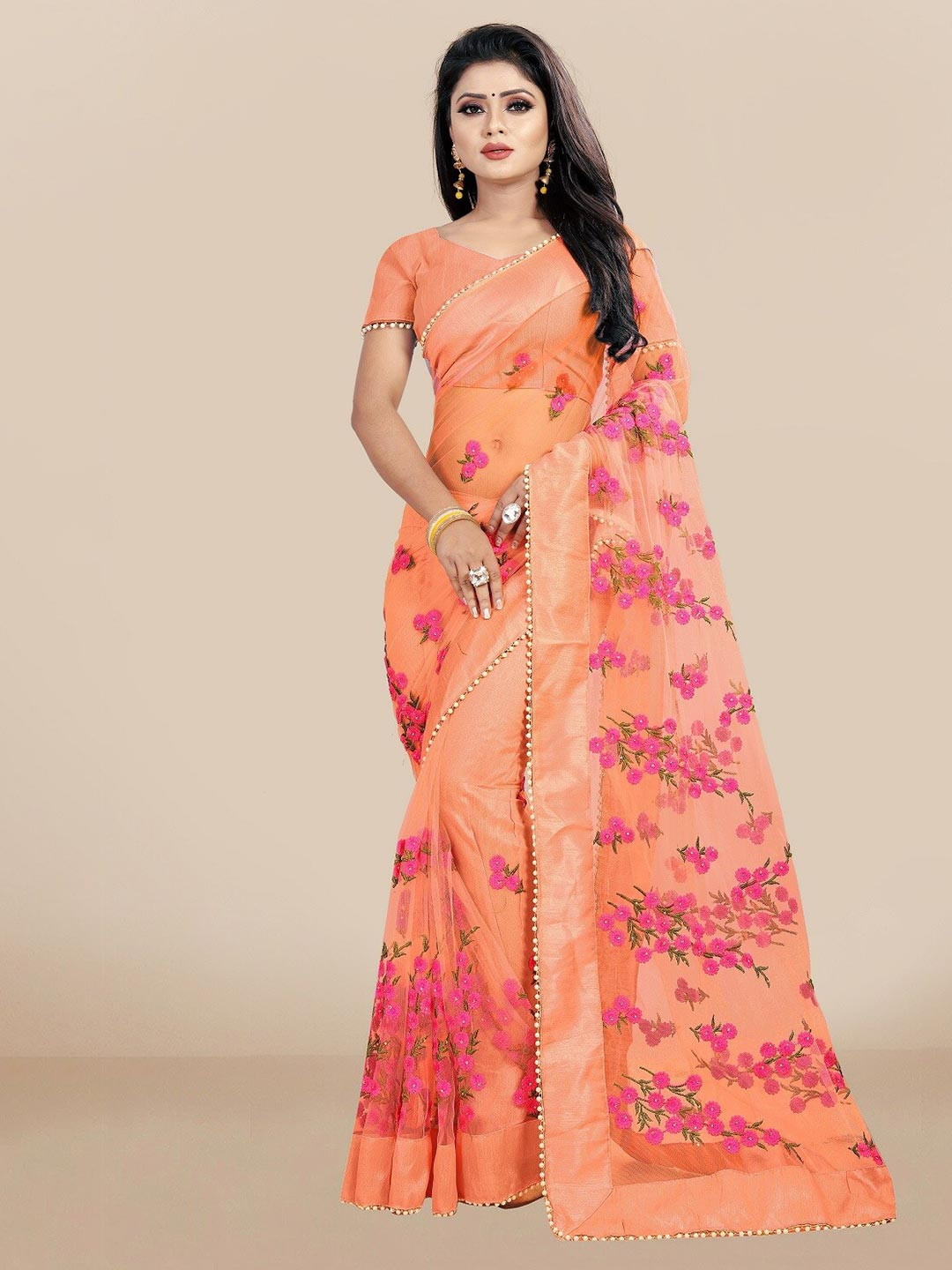 

JSItaliya Peach-Coloured & Pink Floral Net Saree