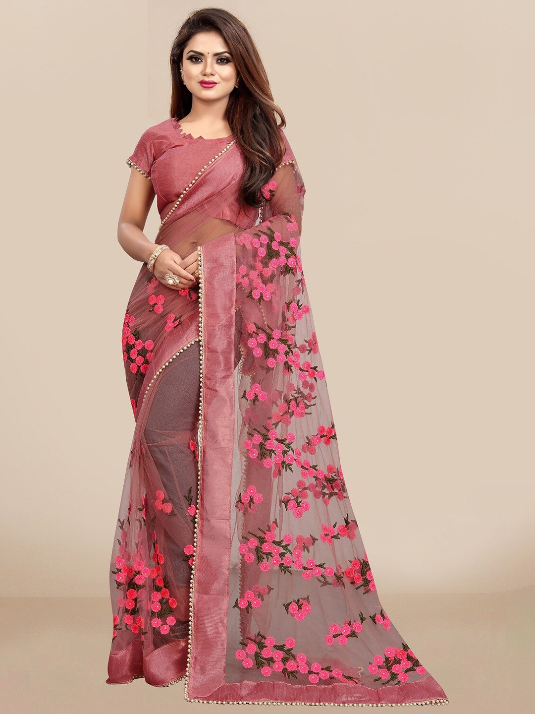 

JSItaliya Women Pink Embellished Embroidered Net Saree