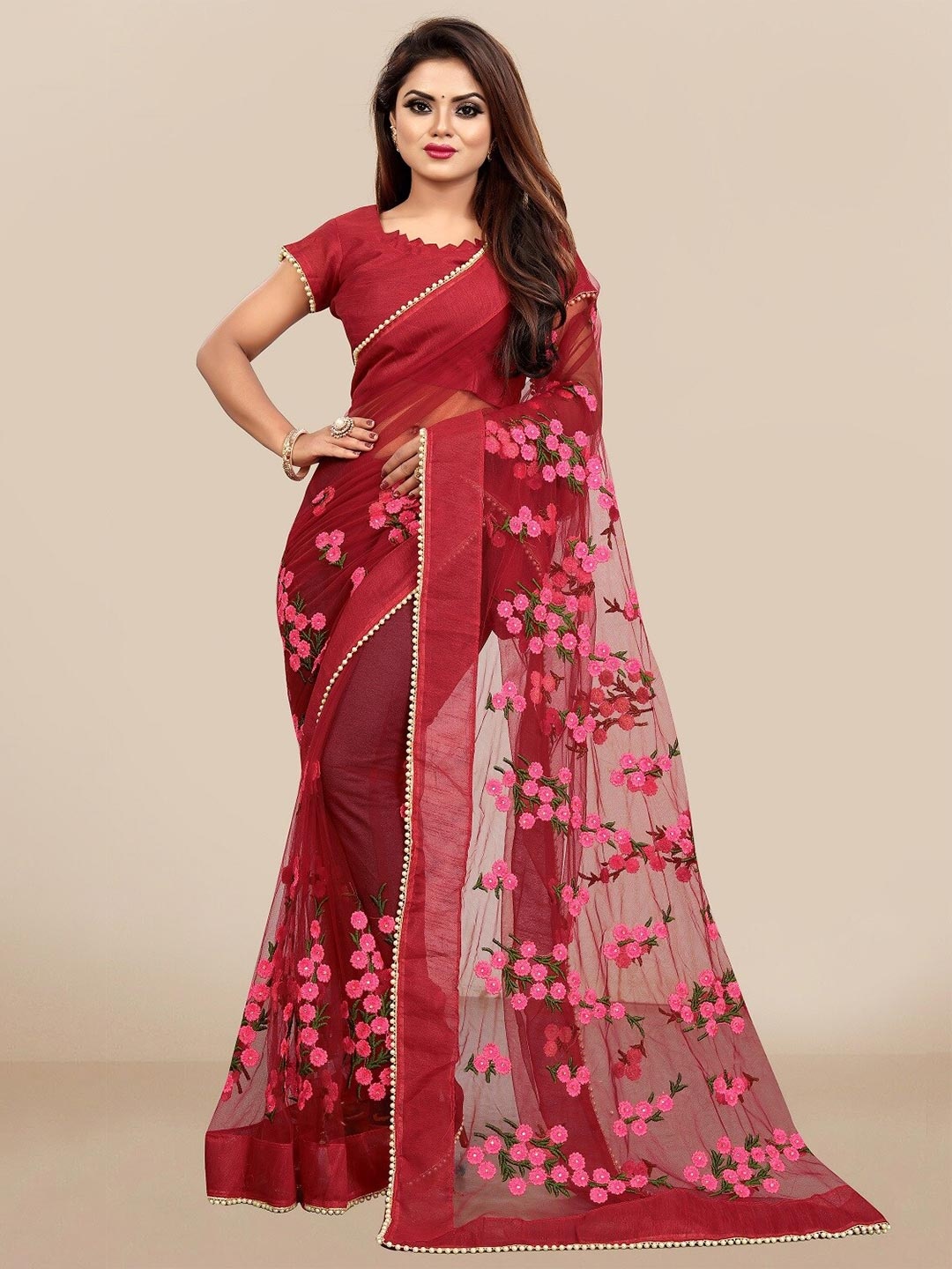 

JSItaliya Maroon & Pink Embellished Embroidered Net Saree