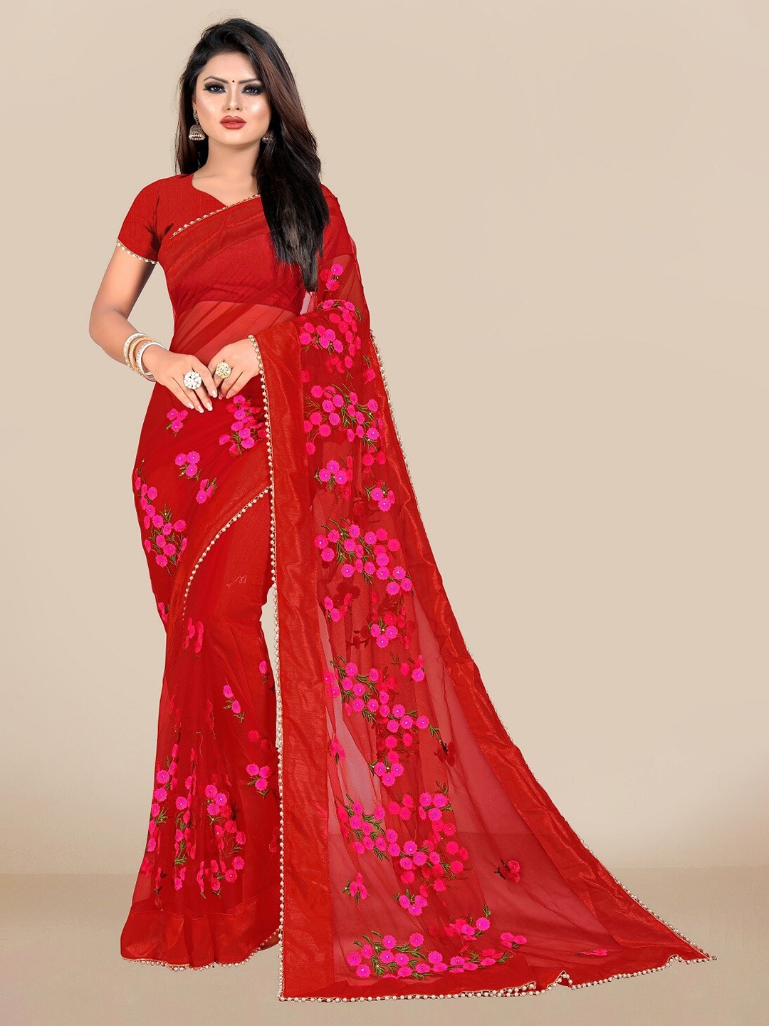 

JSItaliya Red & Pink Embellished Embroidered Net Saree