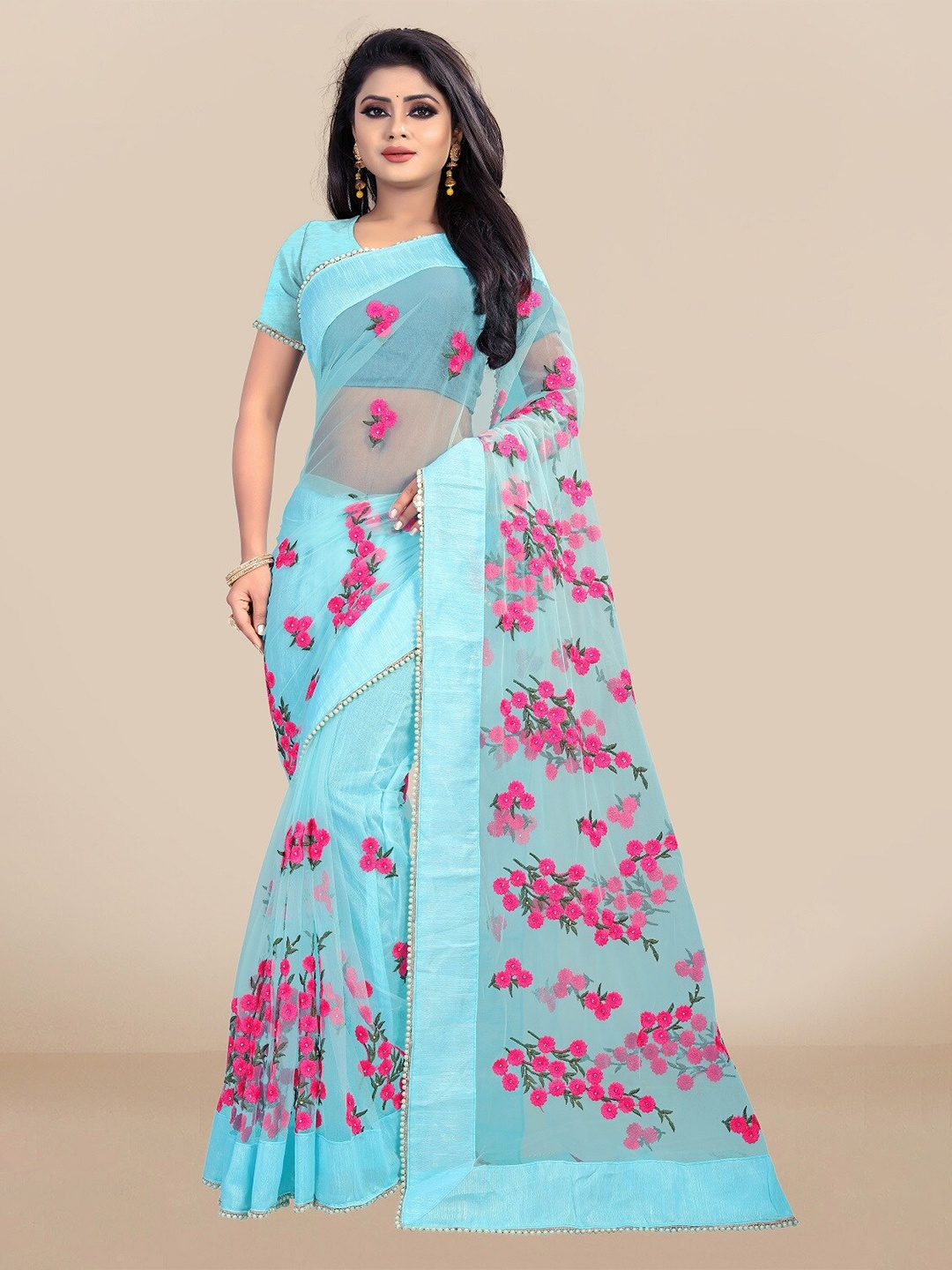 

JSItaliya Blue & Pink Embellished Embroidered Net Saree