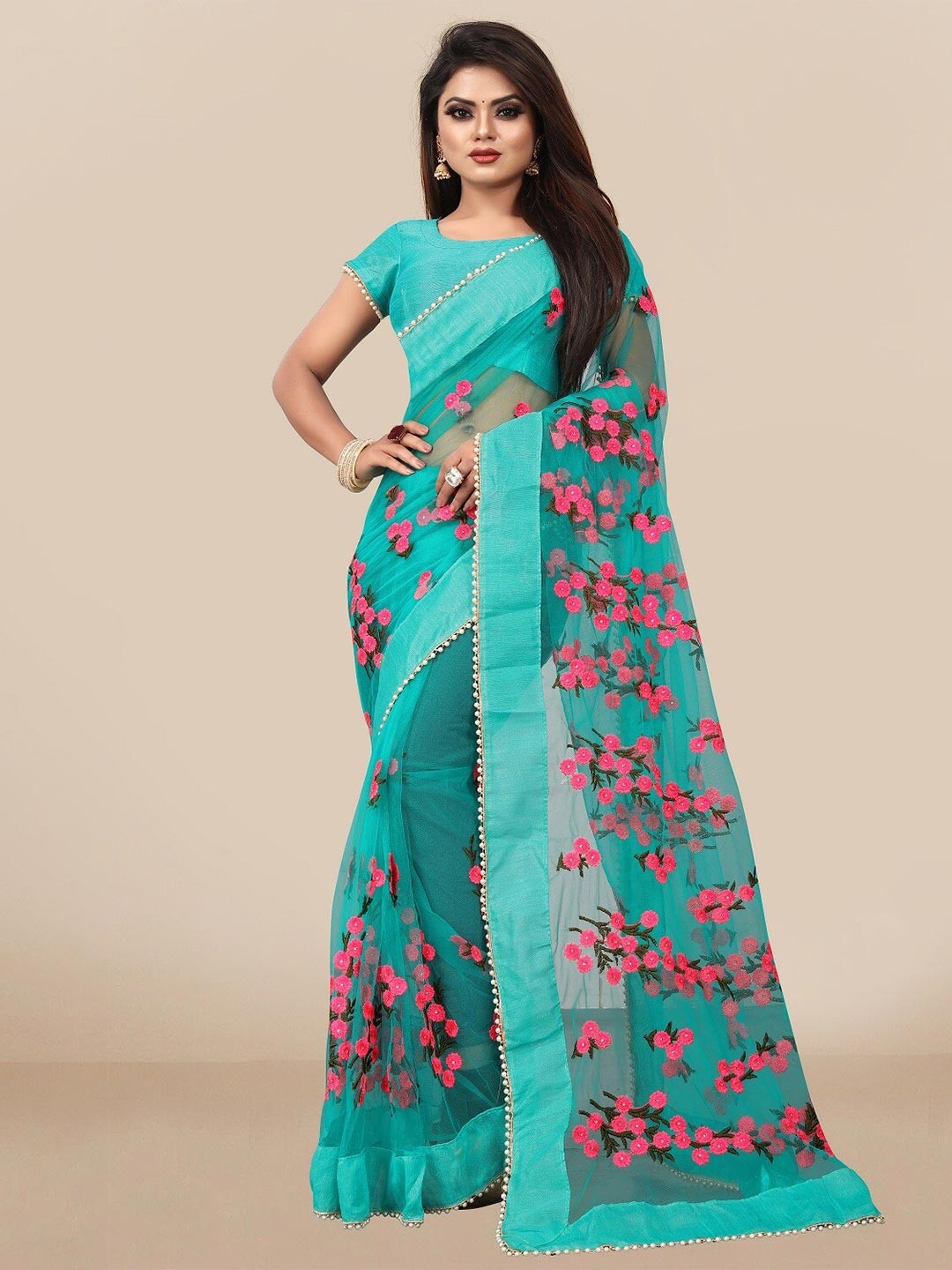 

JSItaliya Blue & Pink Embellished Embroidered Net Saree
