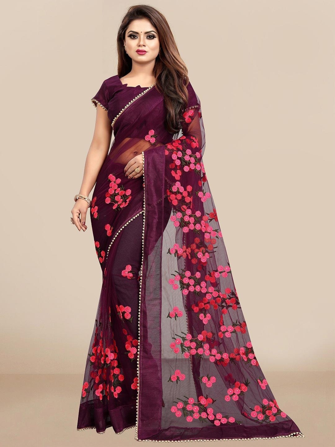 

JSItaliya Burgundy & Pink Embellished Embroidered Net Saree