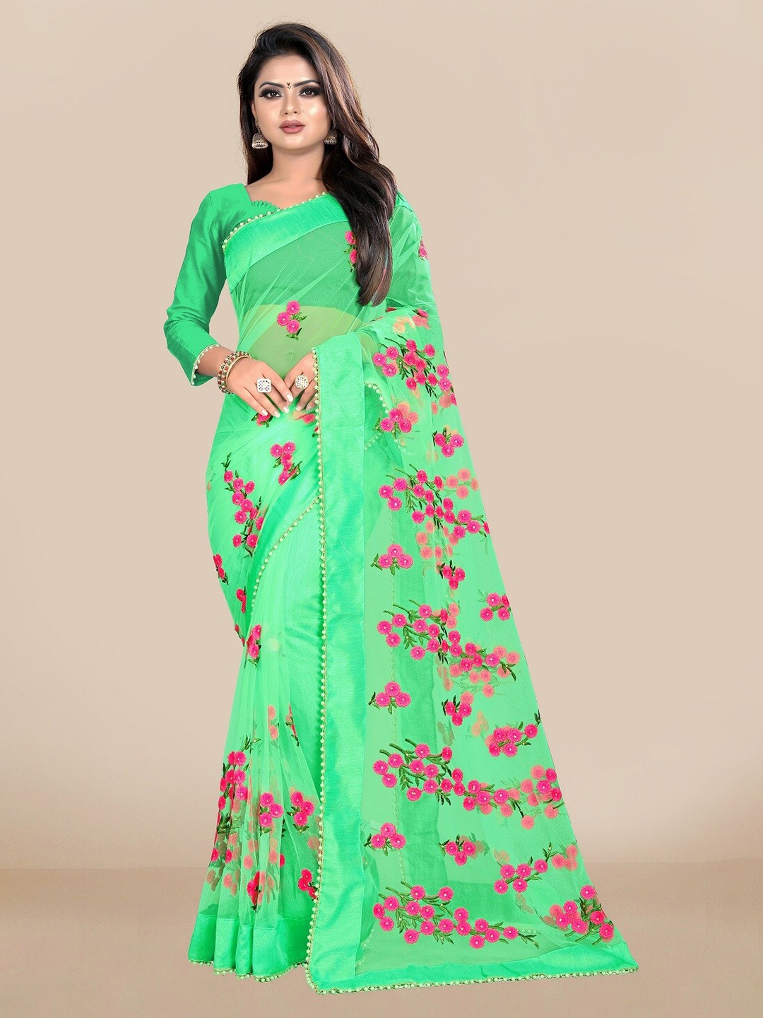 

JSItaliya Green & Pink Floral Embroidered Net Saree