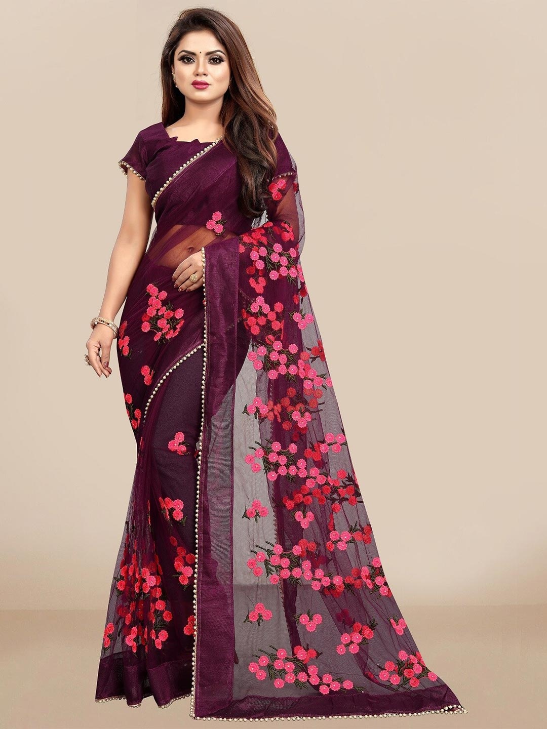 

JSItaliya Grey & Pink Embellished Embroidered Net Saree, Maroon