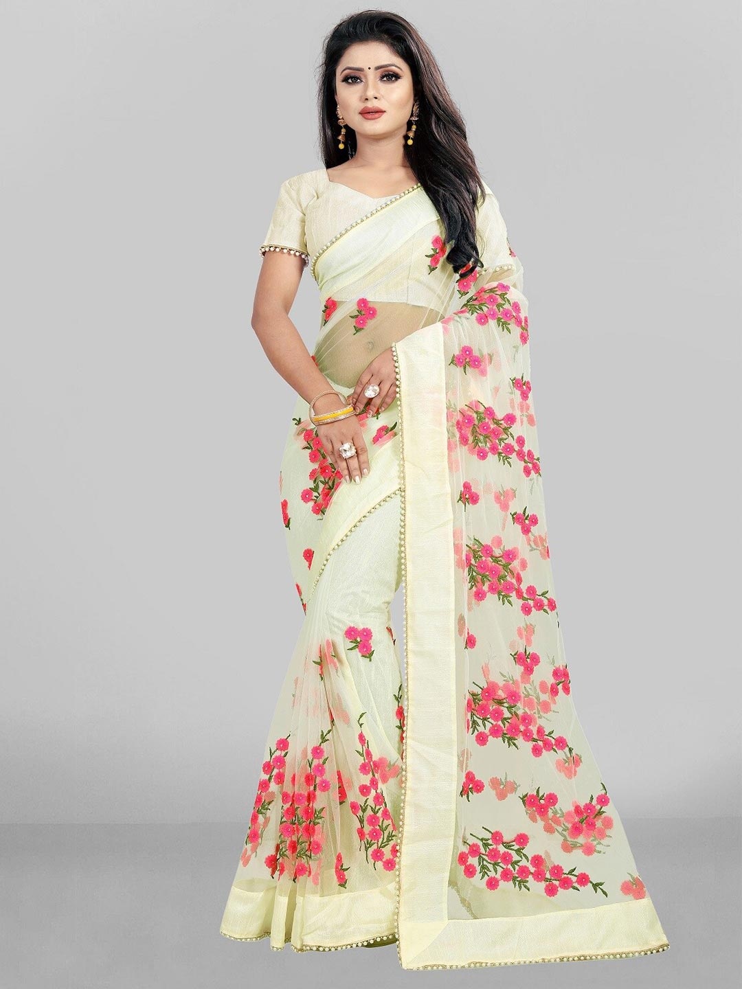 

JSItaliya Cream-Coloured & Pink Embellished Embroidered Net Saree