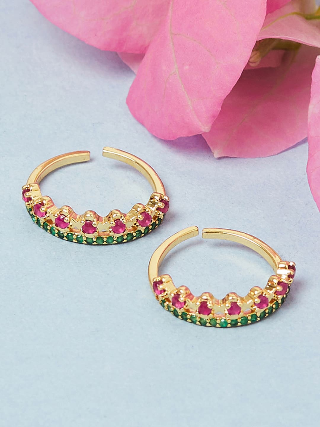 

Voylla Gold-Plated Pink & Green CZ Studded Adjustable Toe Ring, Red