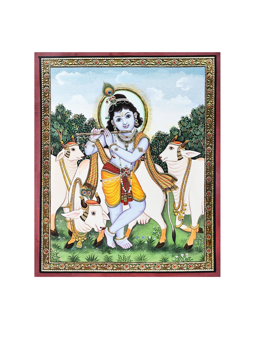 

Exotic India Enticing Bala Gopala with Adorable Holy Cows Watercolor Wall Art, Multi