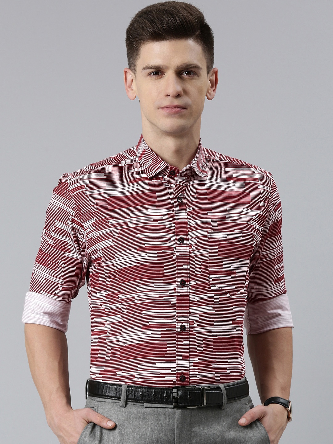 

5TH ANFOLD Men Slim Fit Horizontal Stripes Striped Formal Shirt, Red