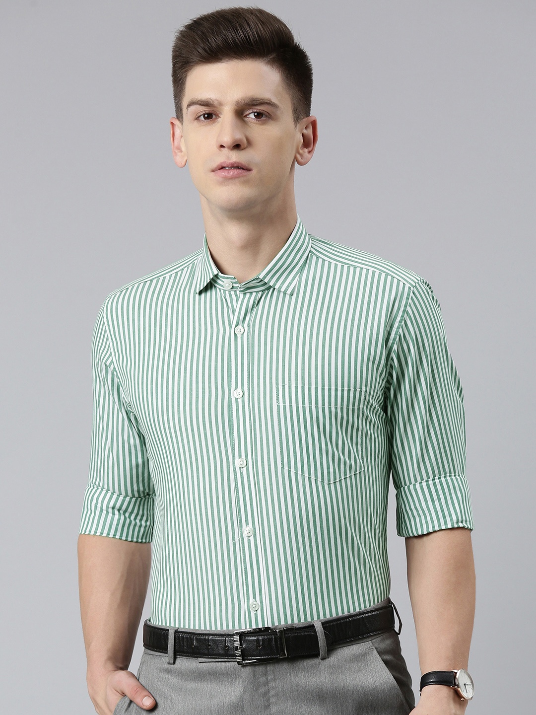 

5TH ANFOLD Men Slim Fit Striped Formal Shirt, Green