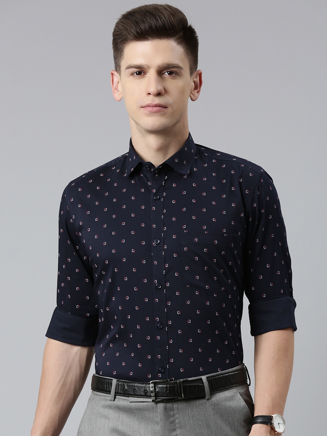 

5TH ANFOLD Men Slim Fit Printed Formal Shirt, Navy blue