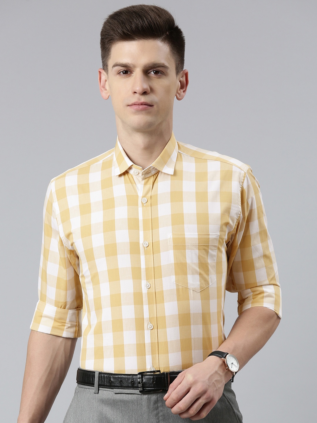 

5TH ANFOLD Men Slim Fit Shepherd Checks Checked Formal Shirt, Yellow