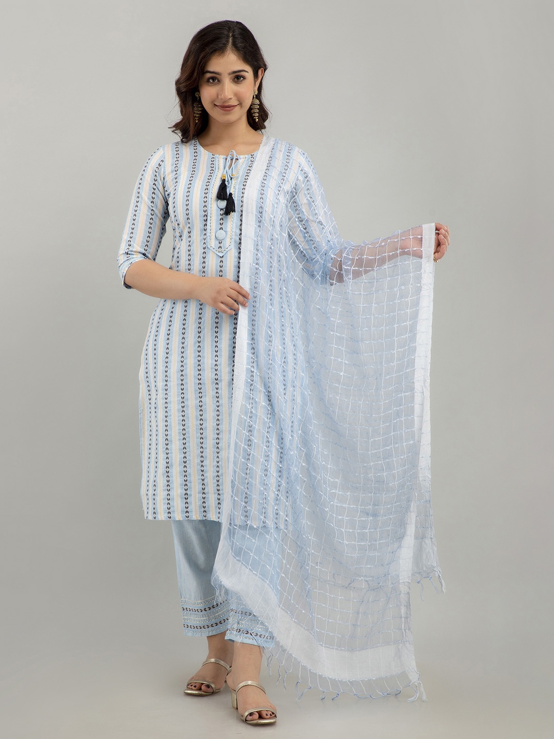 

Charu Women Turquoise Blue Striped Kurta with Trousers & With Dupatta