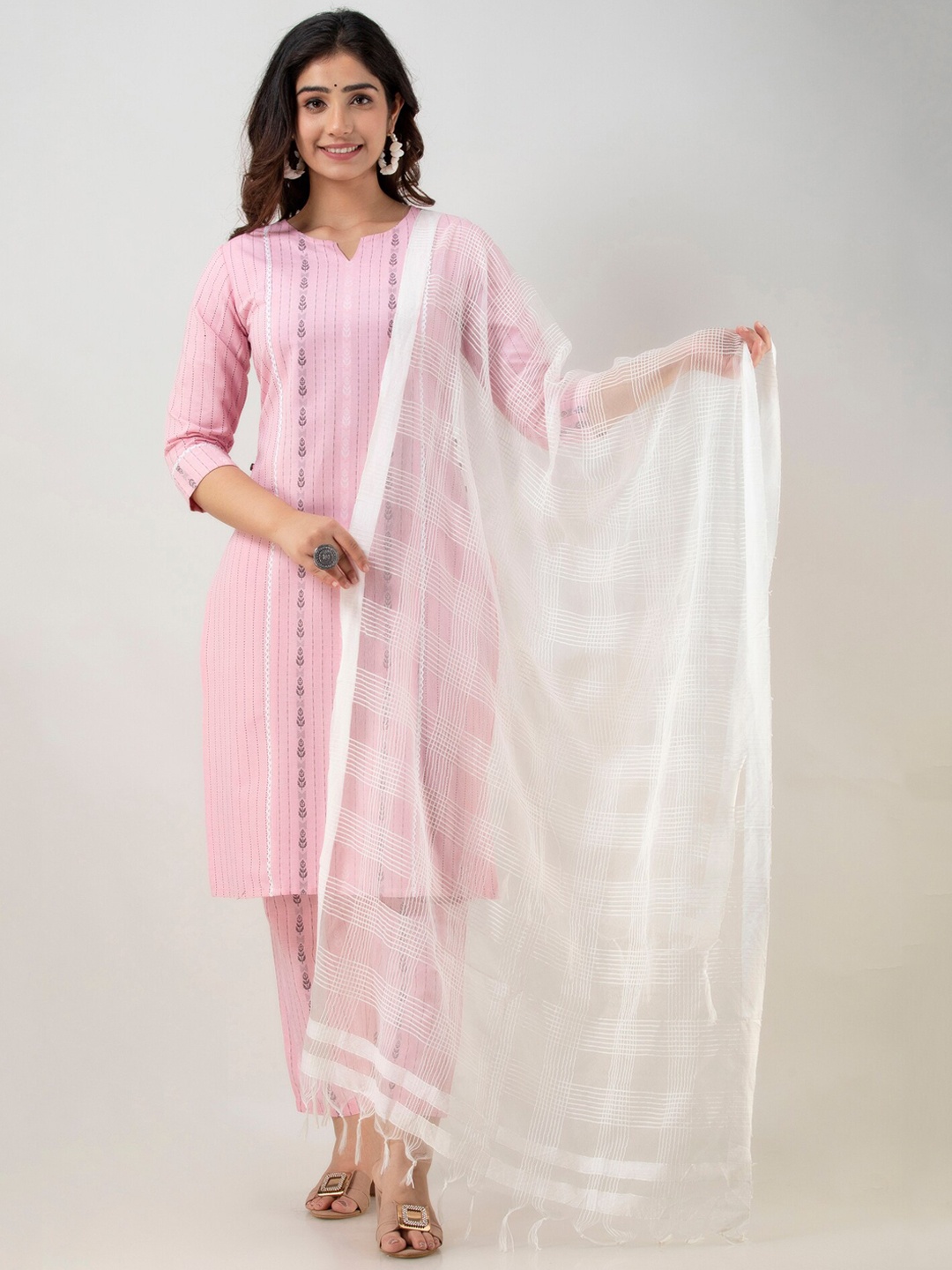 

Charu Women Pink Striped Kurti with Trousers & With Dupatta