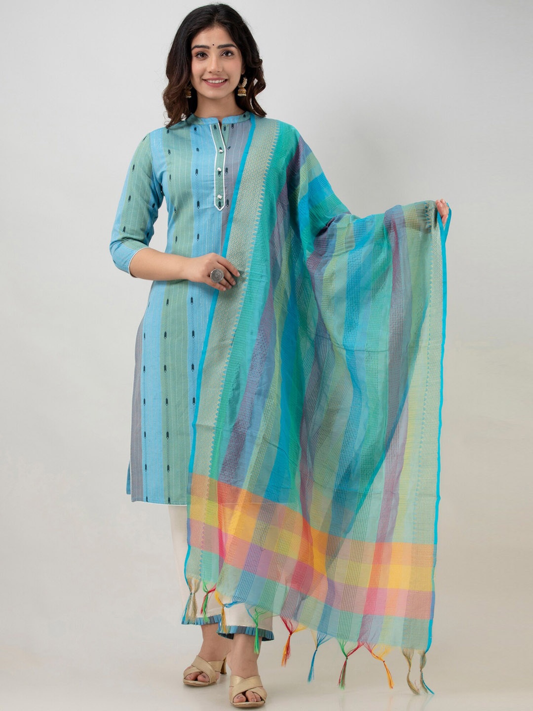 

Charu Women Turquoise Blue Striped Yoke Design Kurta & Trousers With Dupatta