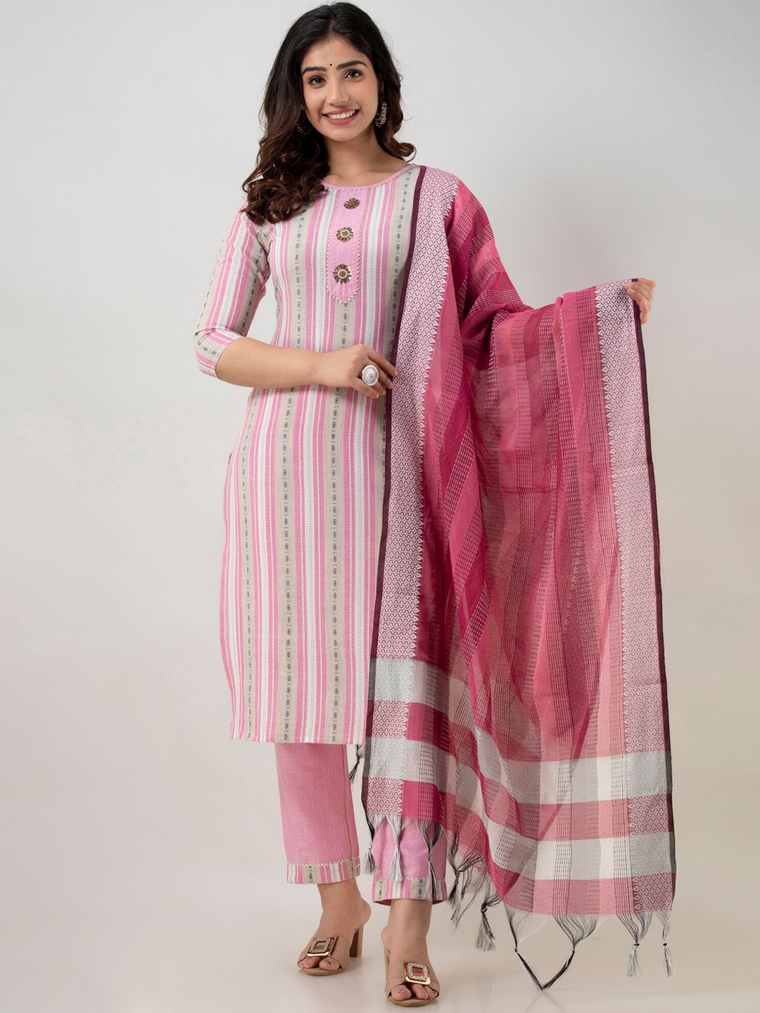 

Charu Women Pink Striped Kurti with Trousers & Dupatta