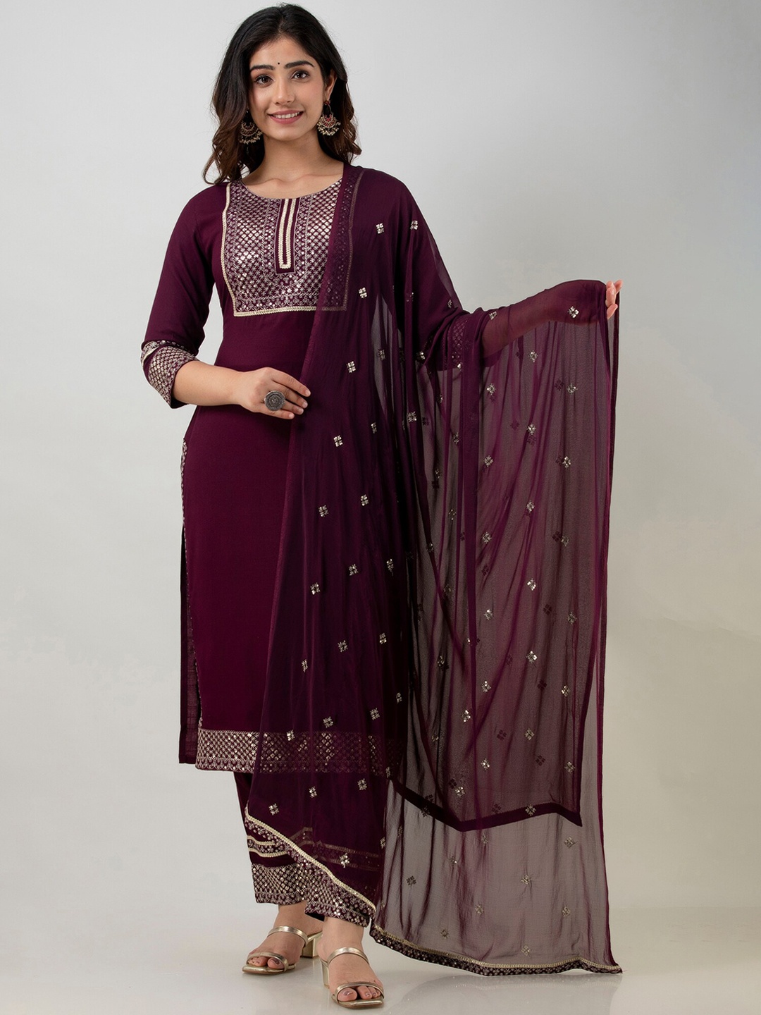 

Charu Women Maroon Yoke Design Sequinned Kurti with Trousers & With Dupatta