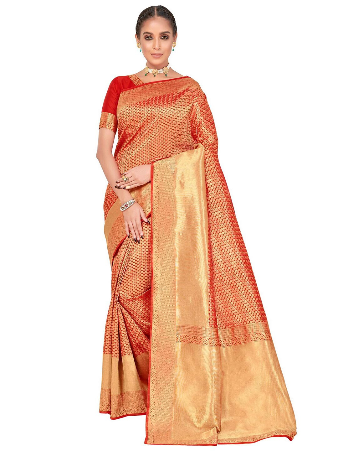 

SARIYA Red & Gold-Toned Woven Design Zari Silk Blend Banarasi Saree