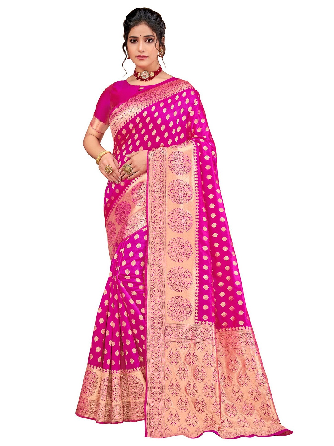 

SARIYA Magenta & Gold-Toned Ethnic Motifs Zari Silk Blend Banarasi Saree